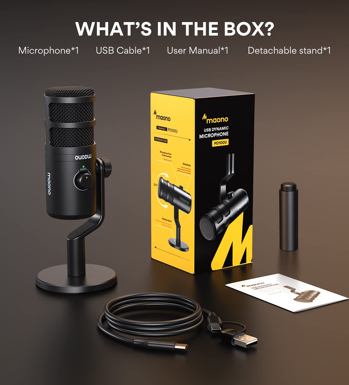 MAONO XLR Podcast Microphone, Cardioid Studio Dynamic Mic for Vocal Recording, Streaming, Voice-Over, Voice Isolation Technology, Metal Mic, Works for Audio Interface, Mixer, Sound Card-PD100