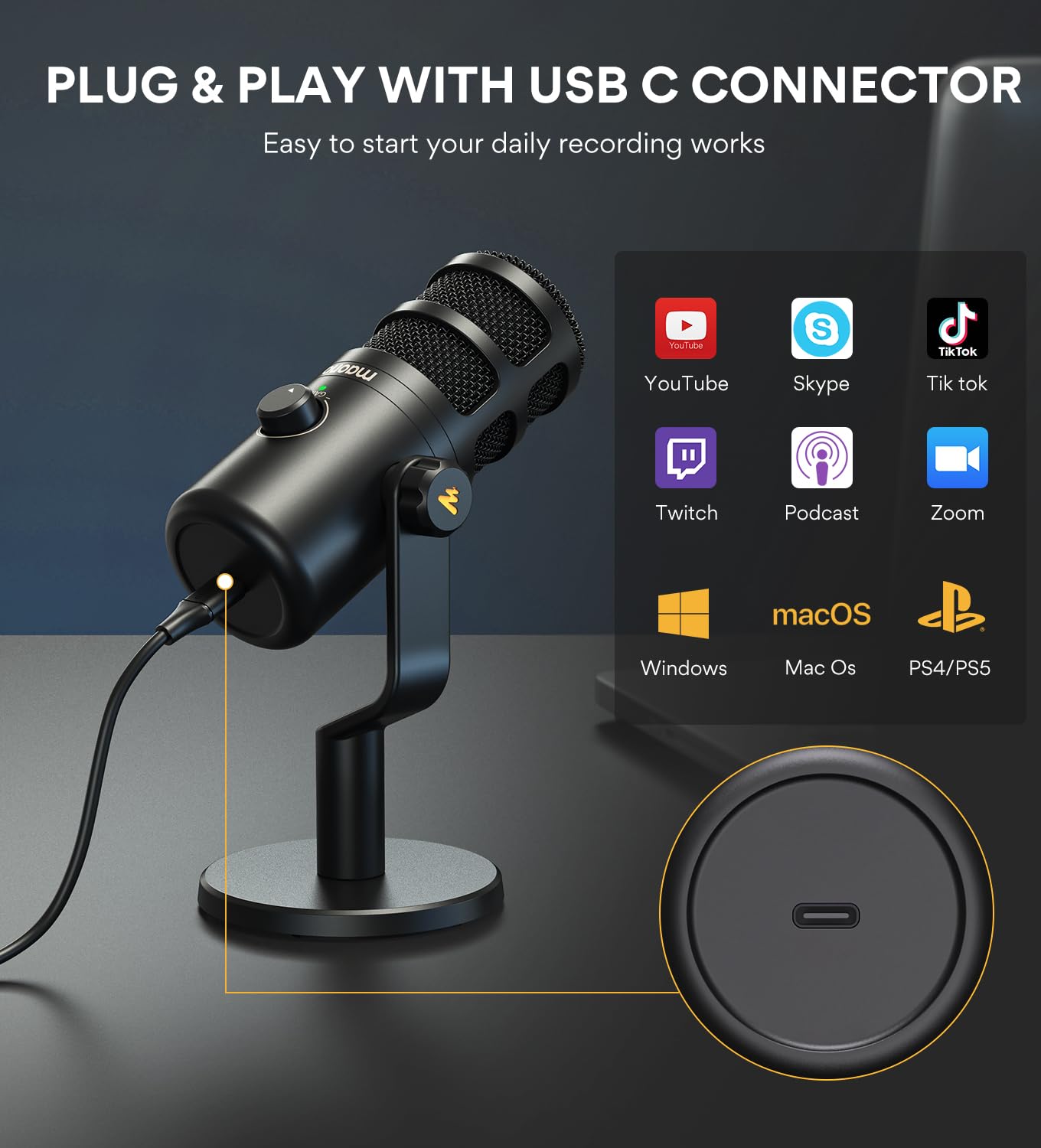 MAONO XLR Podcast Microphone, Cardioid Studio Dynamic Mic for Vocal Recording, Streaming, Voice-Over, Voice Isolation Technology, Metal Mic, Works for Audio Interface, Mixer, Sound Card-PD100