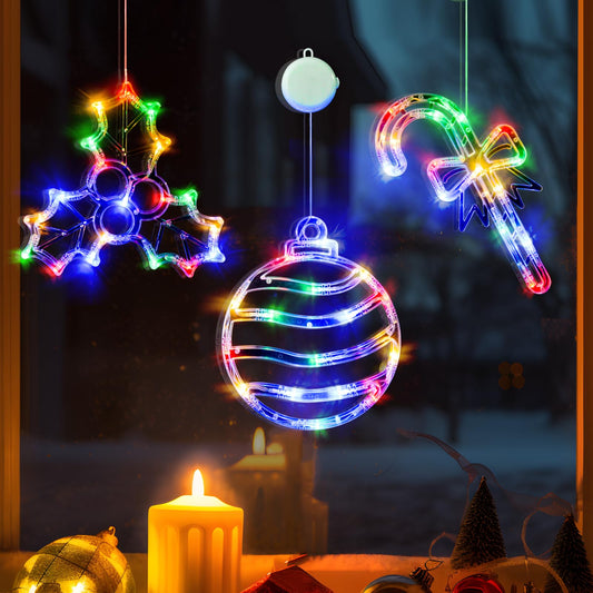 LOLStar Christmas Window Lights, 3 Pack Multicolor Christmas Ball, Holly Berry, Candy Cane Lights with Suction Cup, Timer Function and Slow Fade Mode Battery Operated Lights for Christmas Decoration