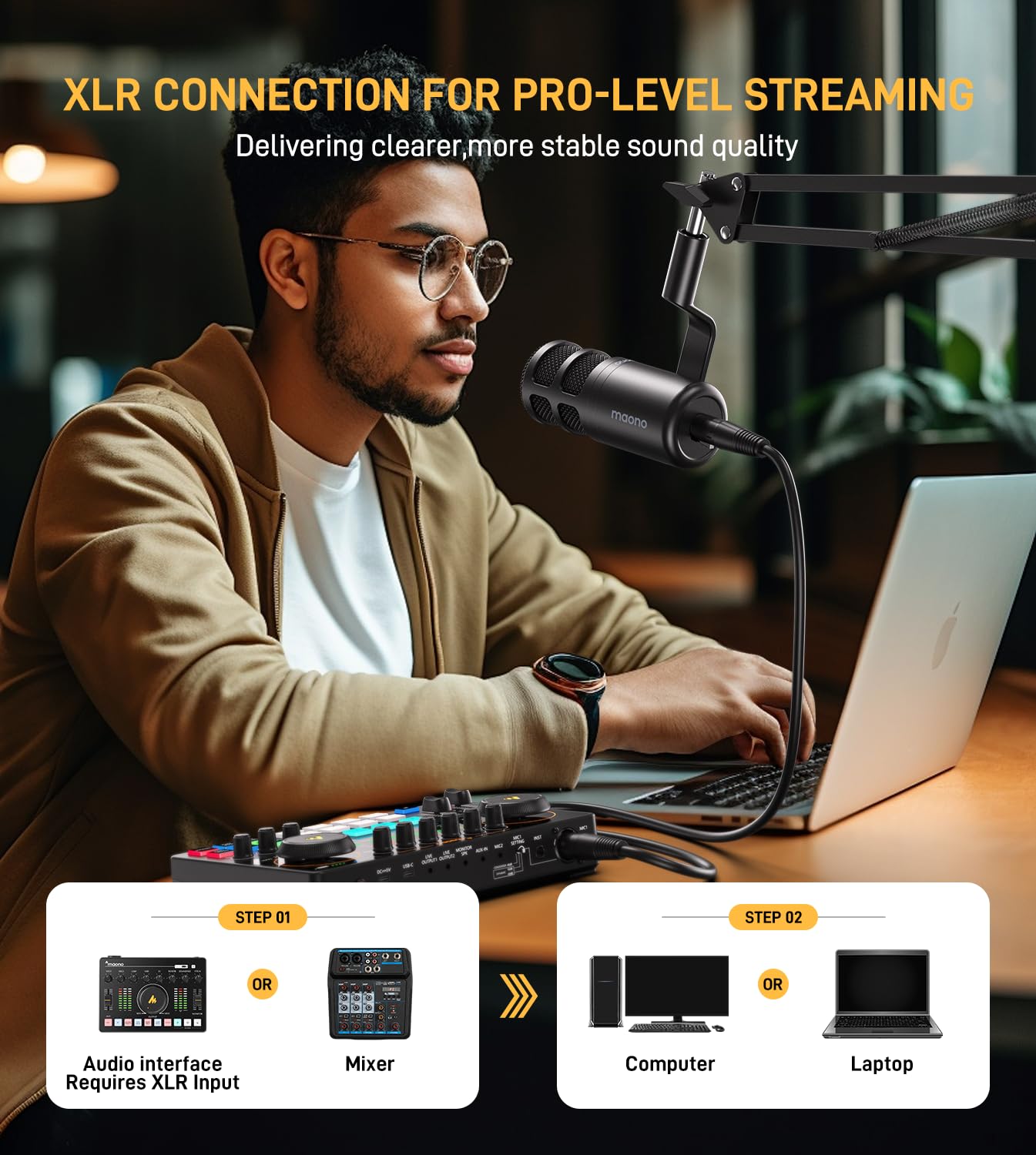 MAONO XLR Podcast Microphone, Cardioid Studio Dynamic Mic for Vocal Recording, Streaming, Voice-Over, Voice Isolation Technology, Metal Mic, Works for Audio Interface, Mixer, Sound Card-PD100