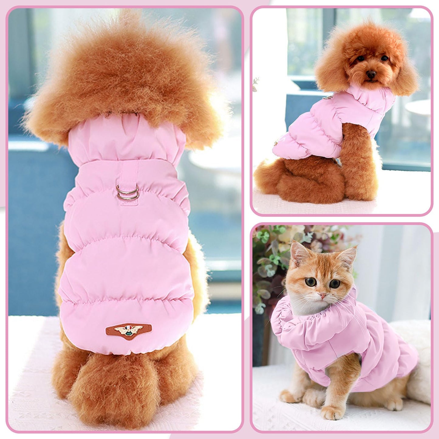 Winter Warm Dog Jacket for Small Medium Dogs Cat Cold Weather Coats with Harness Paded Dog Fleece Vest Waterproof Windproof Dog Snow Jacket Pet Puppy Clothes（Pink,S）