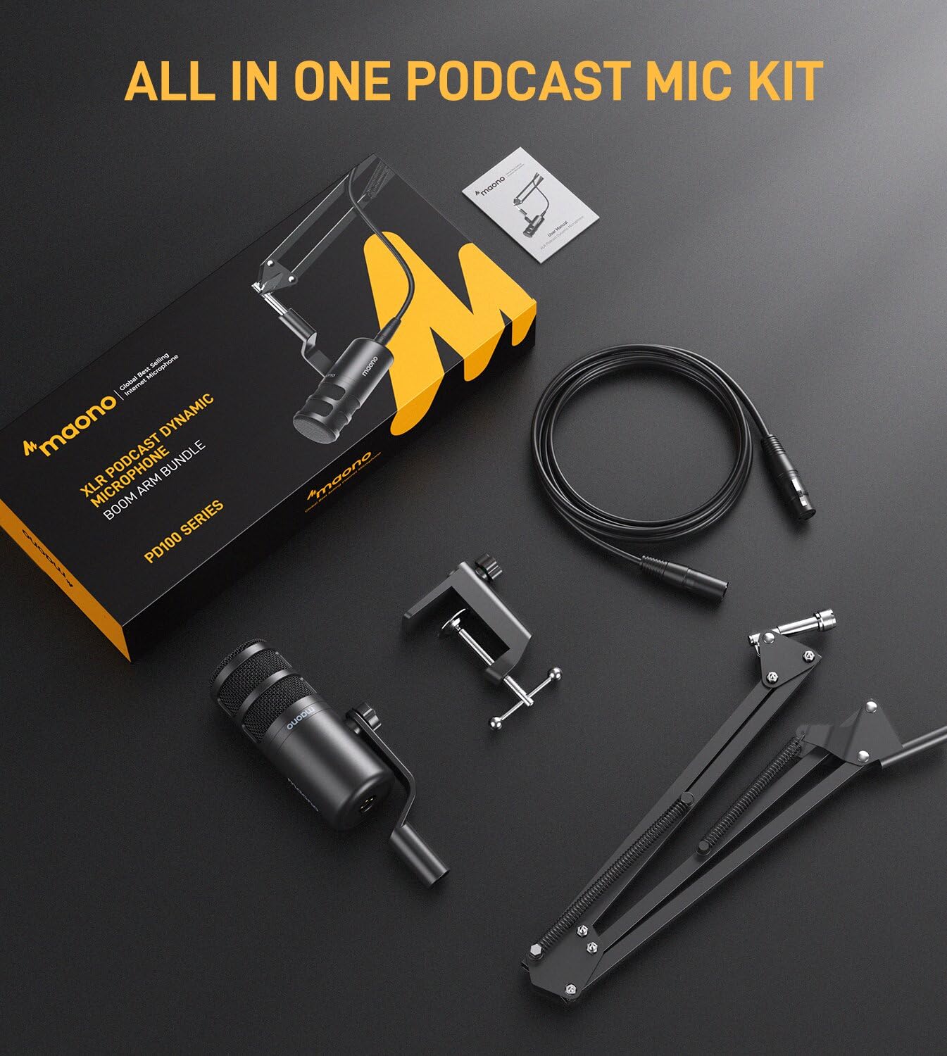 MAONO XLR Podcast Microphone, Cardioid Studio Dynamic Mic for Vocal Recording, Streaming, Voice-Over, Voice Isolation Technology, Metal Mic, Works for Audio Interface, Mixer, Sound Card-PD100