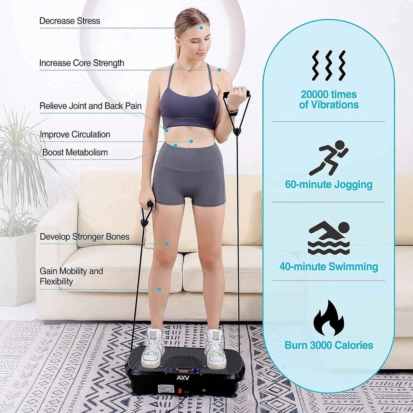 AXV Vibration Plate Fitness Platform Exercise Machine Vibrating Lymphatic Drainage Shaking Full Body Shaker Workout Vibrate Stand Shake Board Sport Gym for Weight Loss Fat Burner for Women Men